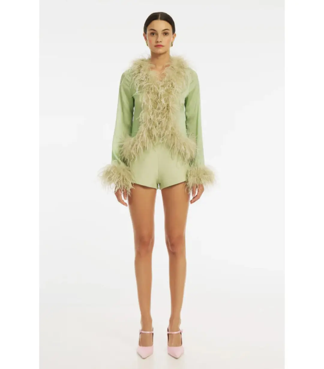 Bubish Gigi Sheer Blouse and Stassi Hot Short Set Pistachio Size AU 8 for rent on The Volte - main image