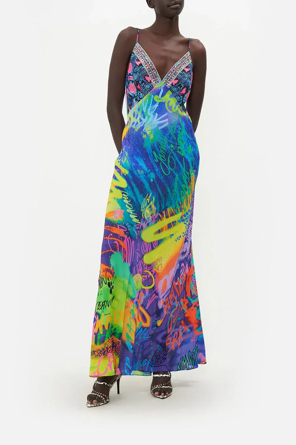 Camilla Mother Earth's Army V Neck Full Length Bias Slip Dress Print Size XL / AU 16 for rent on The Volte - main image
