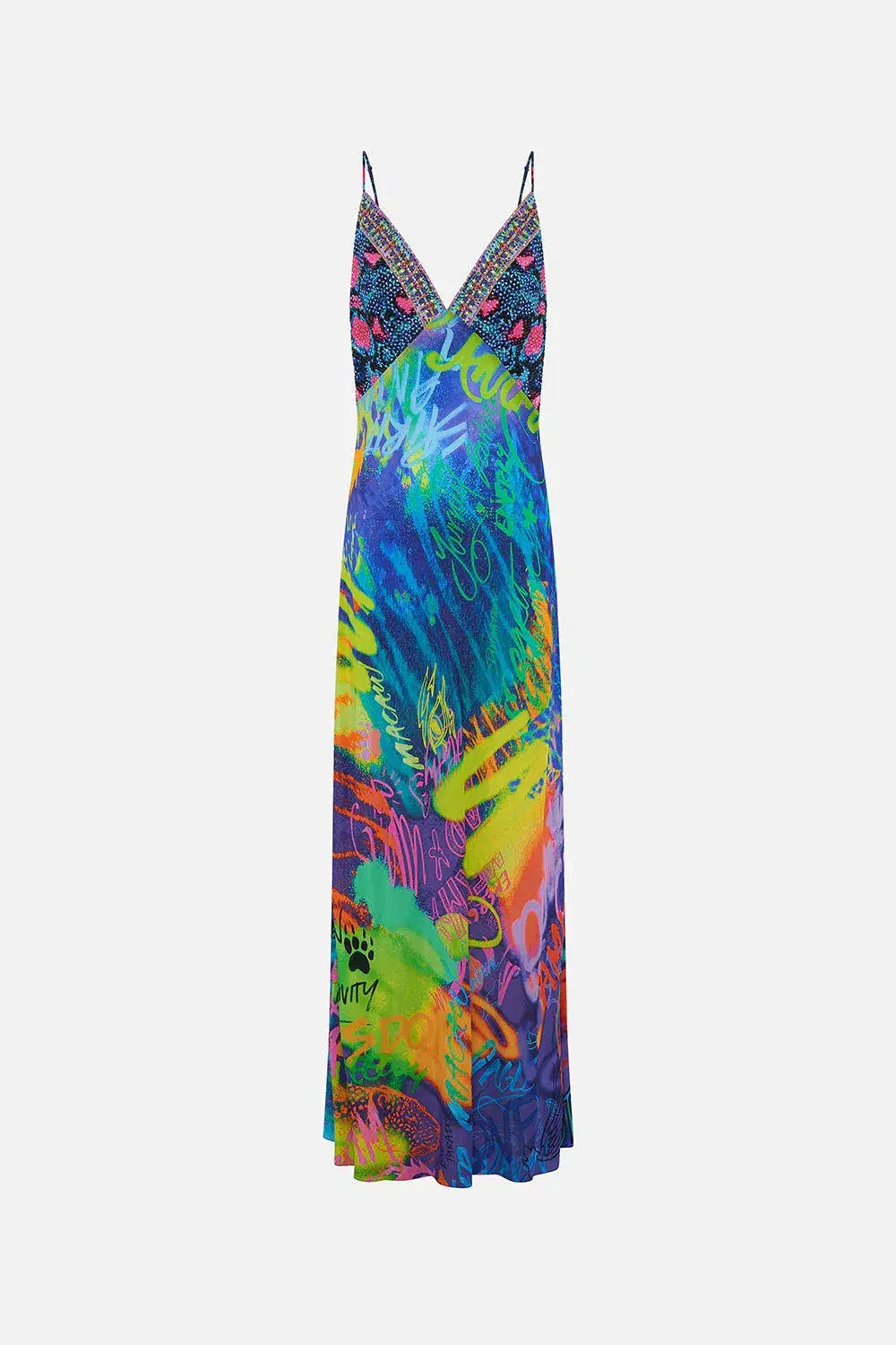 Camilla Mother Earth's Army V Neck Full Length Bias Slip Dress Print Size XL / AU 16 for rent on The Volte - main image