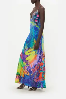 Camilla Mother Earth's Army V Neck Full Length Bias Slip Dress Print Size XL / AU 16 for rent on The Volte - image 5