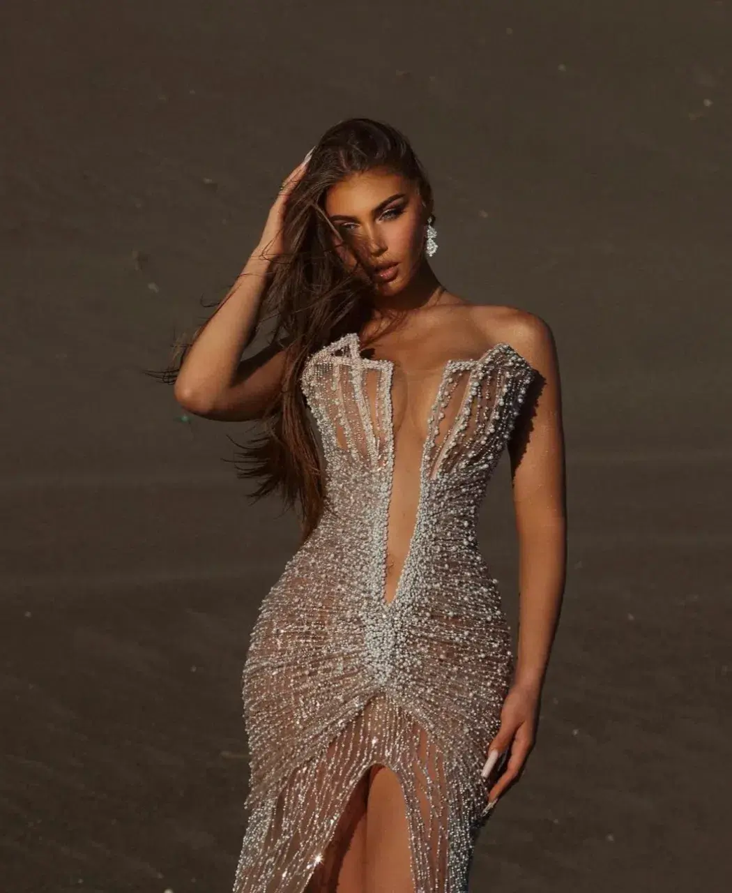 Albina Dyla Pearl Beaded Deep V Gown for rent on The Volte - main image