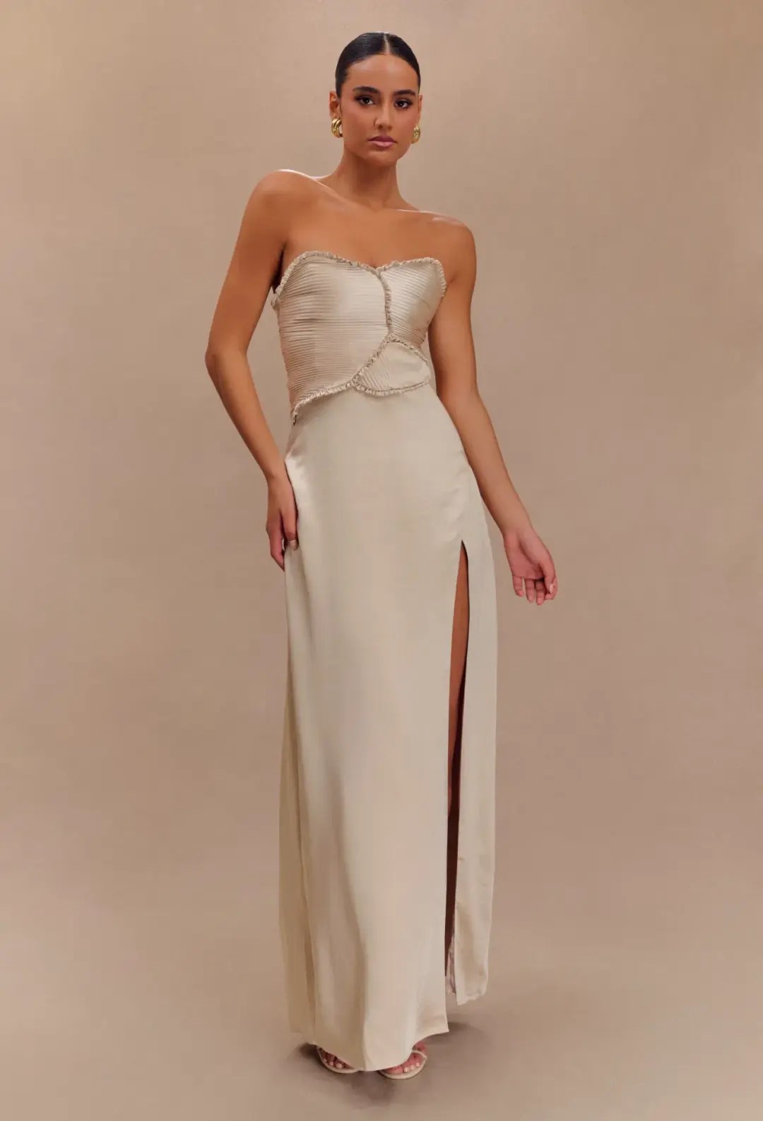 Larissa Satin Maxi Dress With Ruched Petals - Champagne MESHKI for rent on The Volte - main image