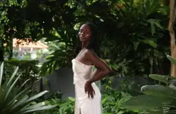 Larissa Satin Maxi Dress With Ruched Petals - Champagne MESHKI for rent on The Volte - image 5