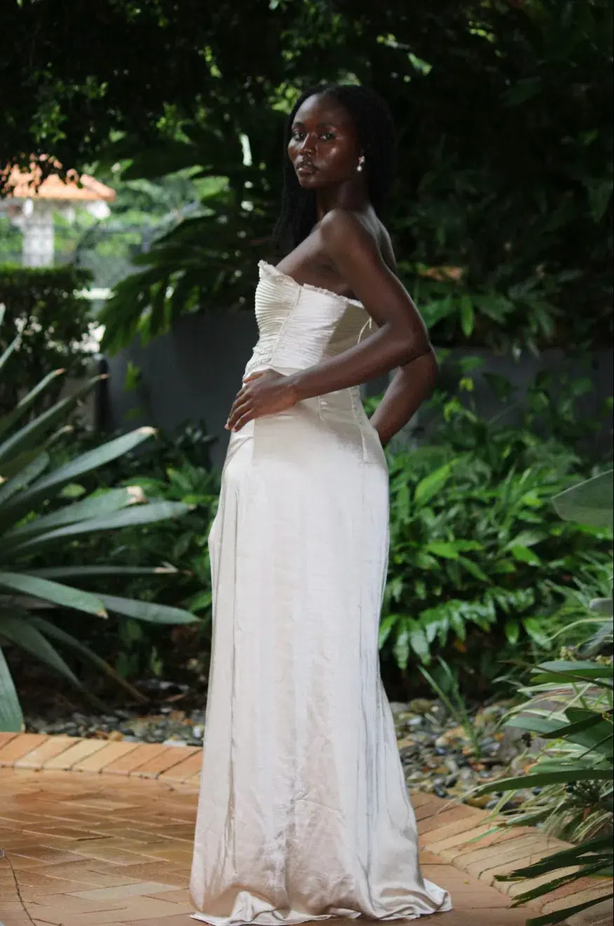 Larissa Satin Maxi Dress With Ruched Petals - Champagne MESHKI for rent on The Volte - main image