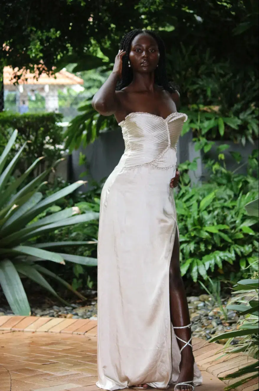 Larissa Satin Maxi Dress With Ruched Petals - Champagne MESHKI for rent on The Volte - main image