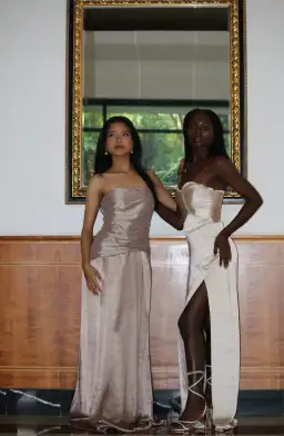 Larissa Satin Maxi Dress With Ruched Petals - Champagne MESHKI for rent on The Volte - image 6