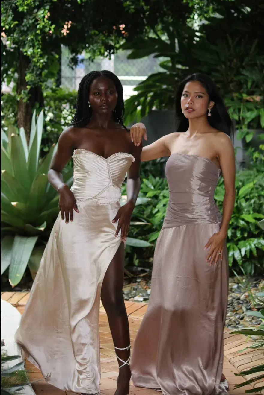 Serena Strapless Taffeta Maxi Dress - Bronze Taupe MESHKI size S for rent on The Volte - main image