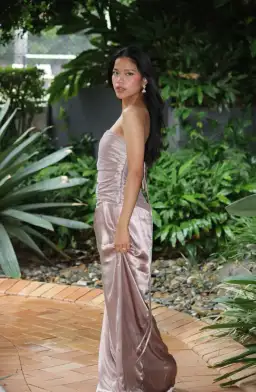 Serena Strapless Taffeta Maxi Dress - Bronze Taupe MESHKI size S for rent on The Volte - image 4
