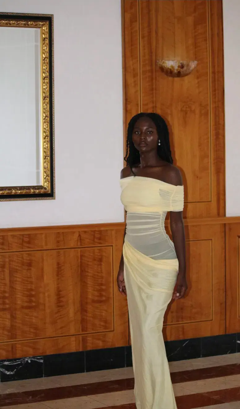 BENNI, Nico Off Shoulder Maxi Dress - Butter size 8 for rent on The Volte - main image