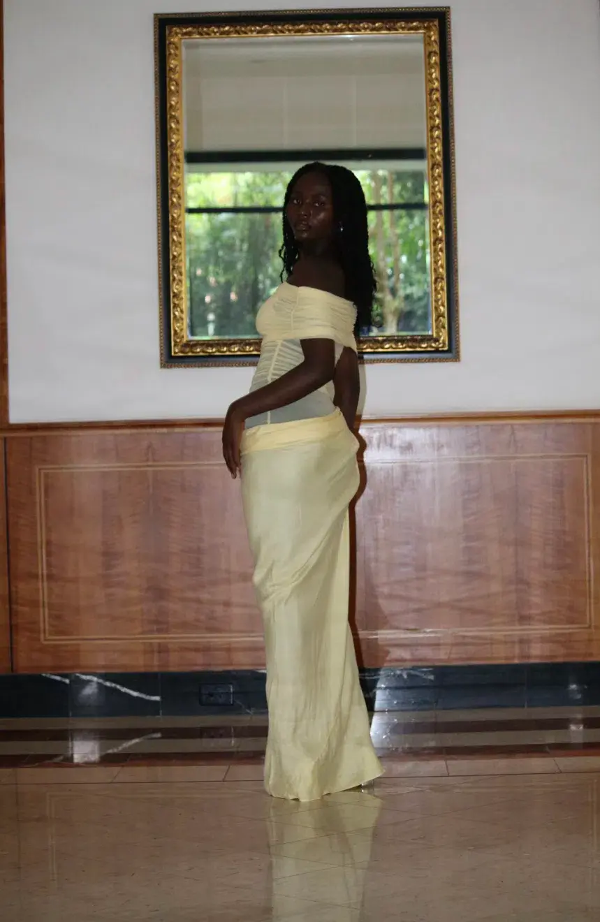 BENNI, Nico Off Shoulder Maxi Dress - Butter size 8 for rent on The Volte - main image