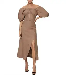 Rachel Gilbert Capri Off The Shoulder Puff Sleeve Midi Dress Beige Size AU 6