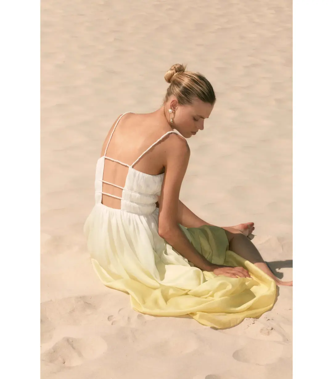 Aje Acapella Ruched Midi Dress Sunrise Ombre Size AU 12 for rent on The Volte - main image