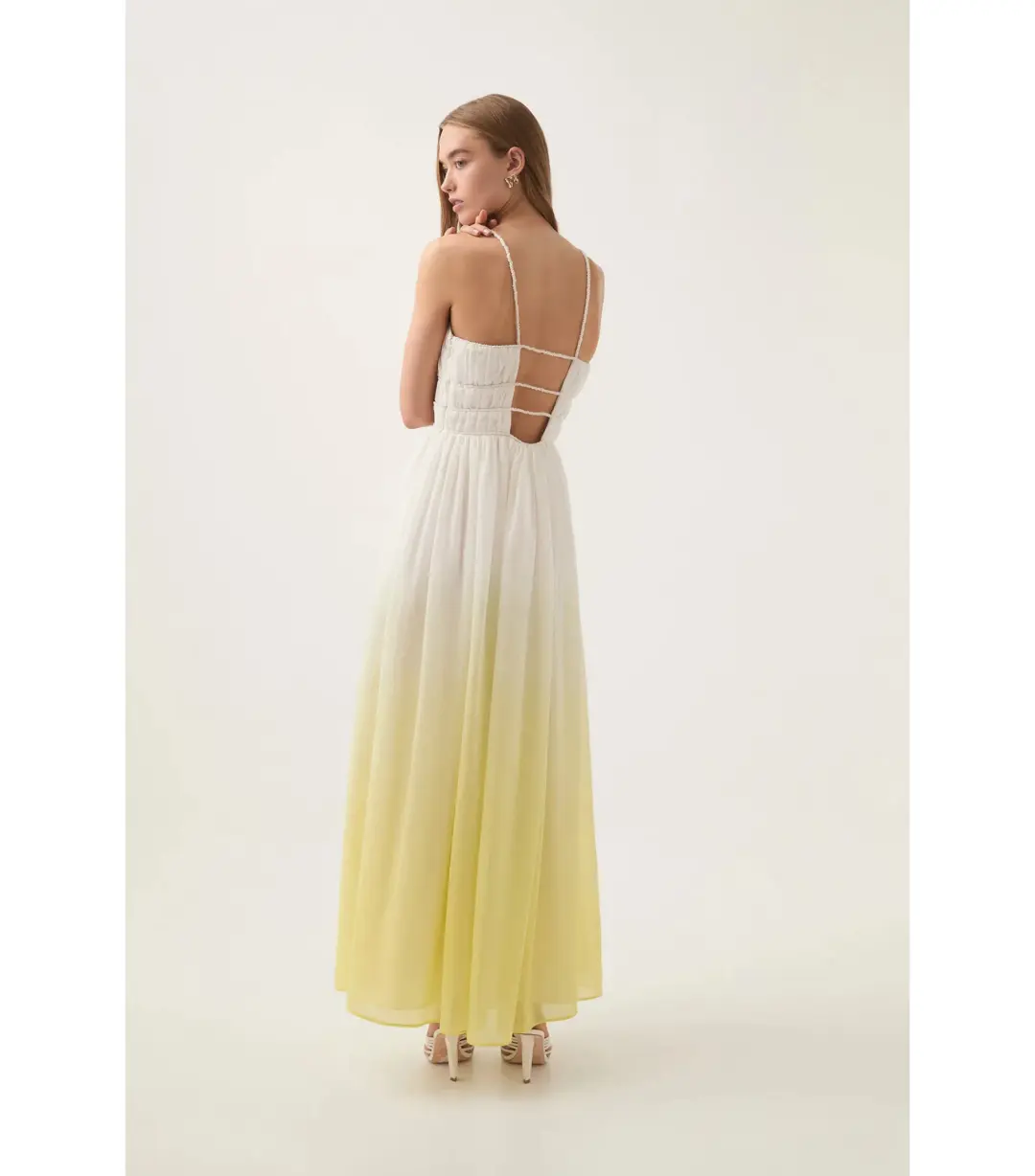 Aje Acapella Ruched Midi Dress Sunrise Ombre Size AU 12 for rent on The Volte - main image