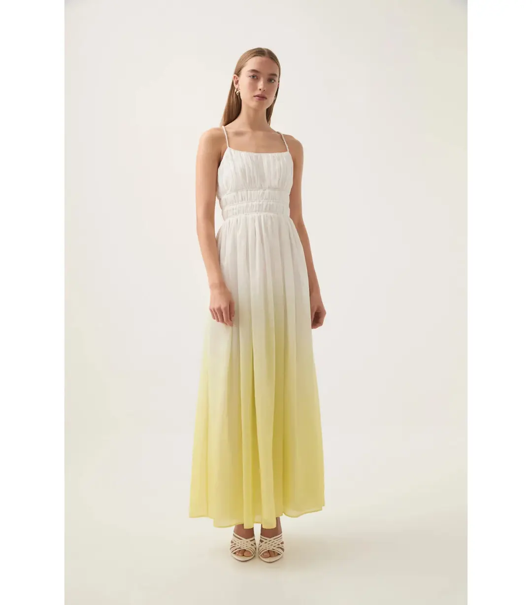 Aje Acapella Ruched Midi Dress Sunrise Ombre Size AU 12 for rent on The Volte - main image