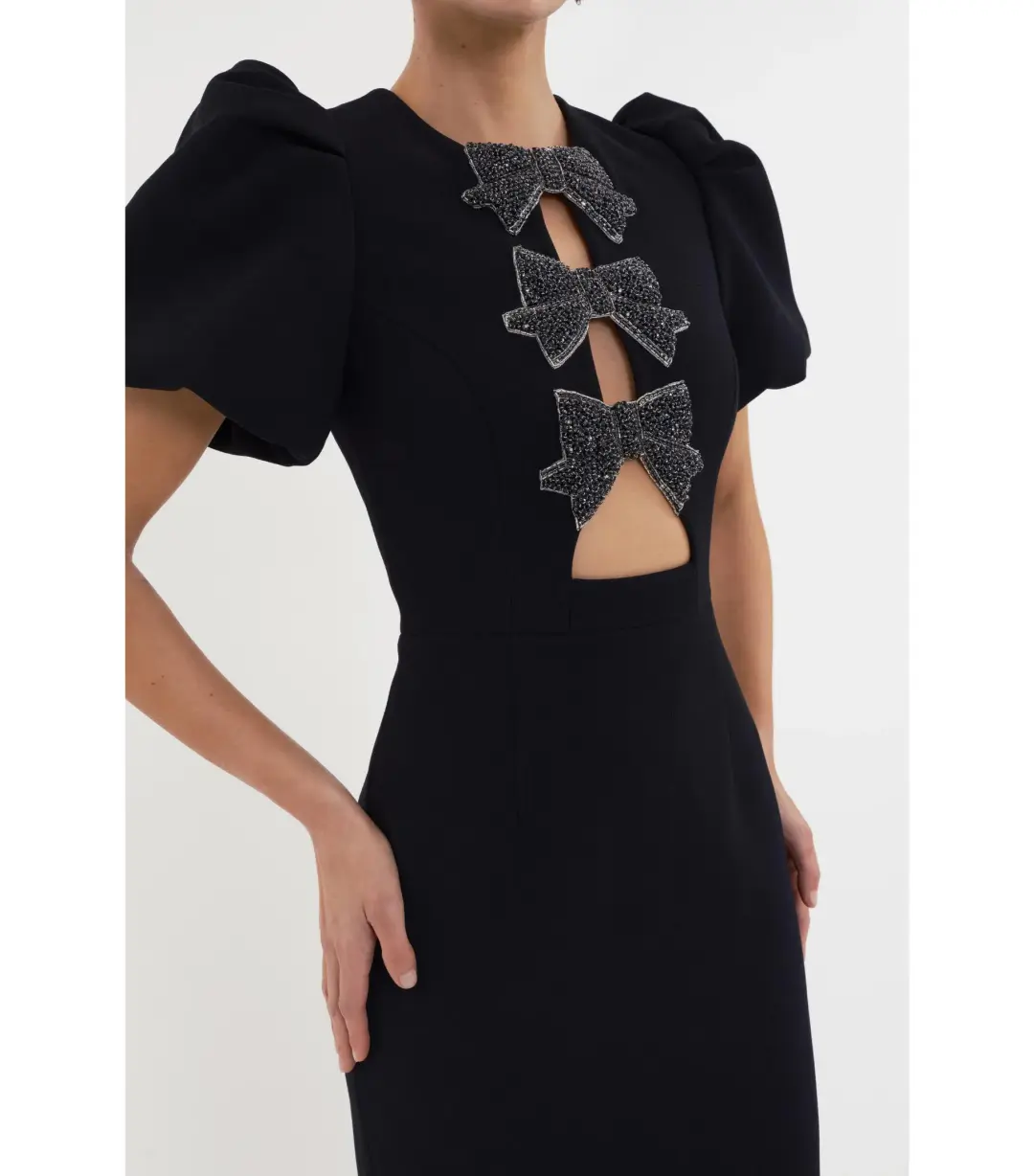 Rebecca Vallance Eliana Puff Sleeve Midi Dress Black Size AU 12 for rent on The Volte - main image