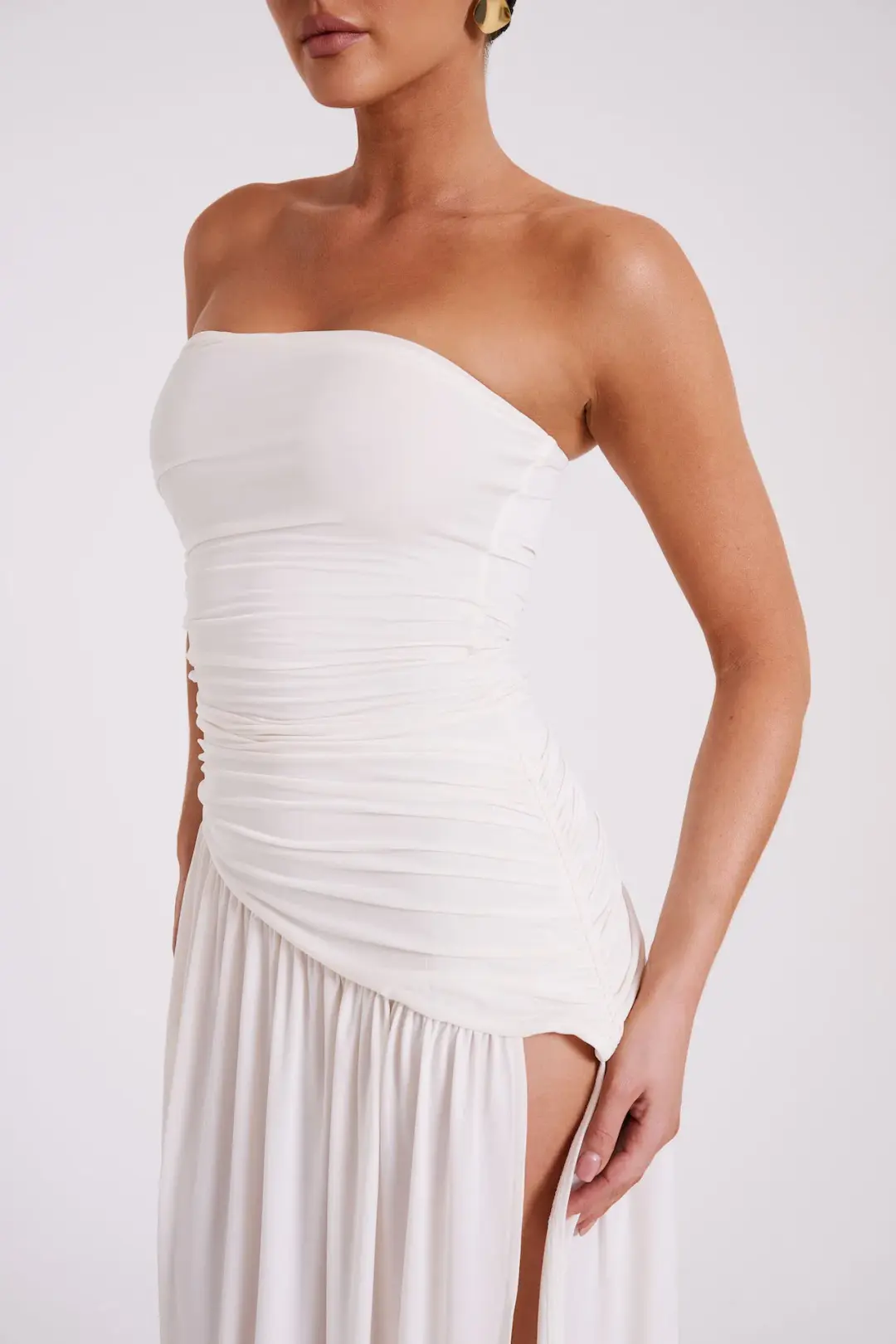 Meshki Bex Strapless Slinky Maxi Dress With Split Ivory White Size XS / AU 6 for rent on The Volte - main image