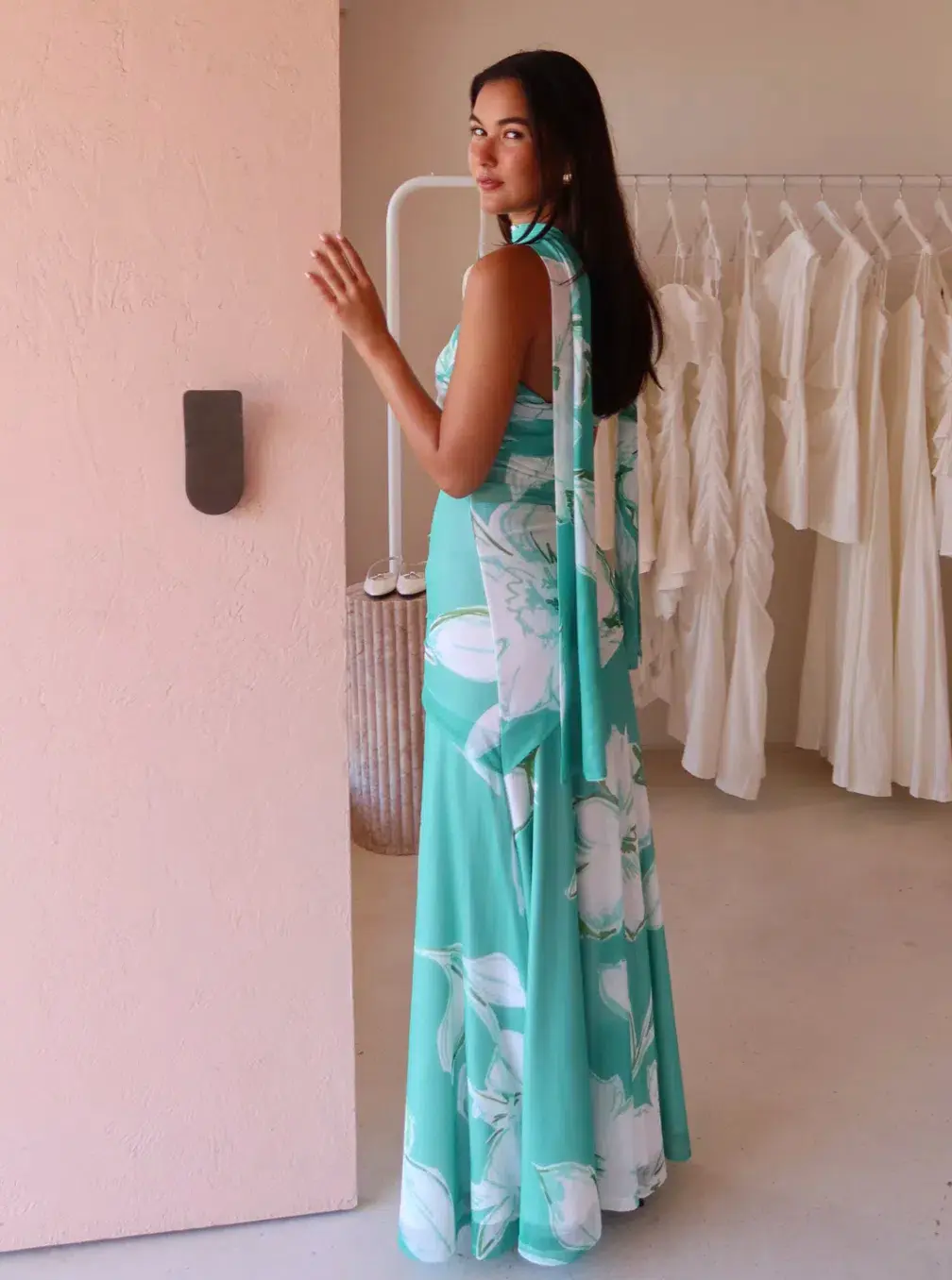 By Nicola Fiesta Off Shoulder Maxi Dress Verde Fleur Size S / AU 8 for rent on The Volte - main image