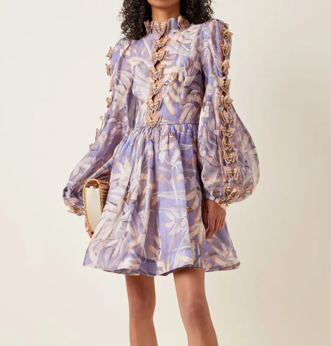 Zimmermann Botanica Butterfly Detailed Linen Silk Mini Dress Pandanus Size 2 / AU 12 for rent on The Volte - main image