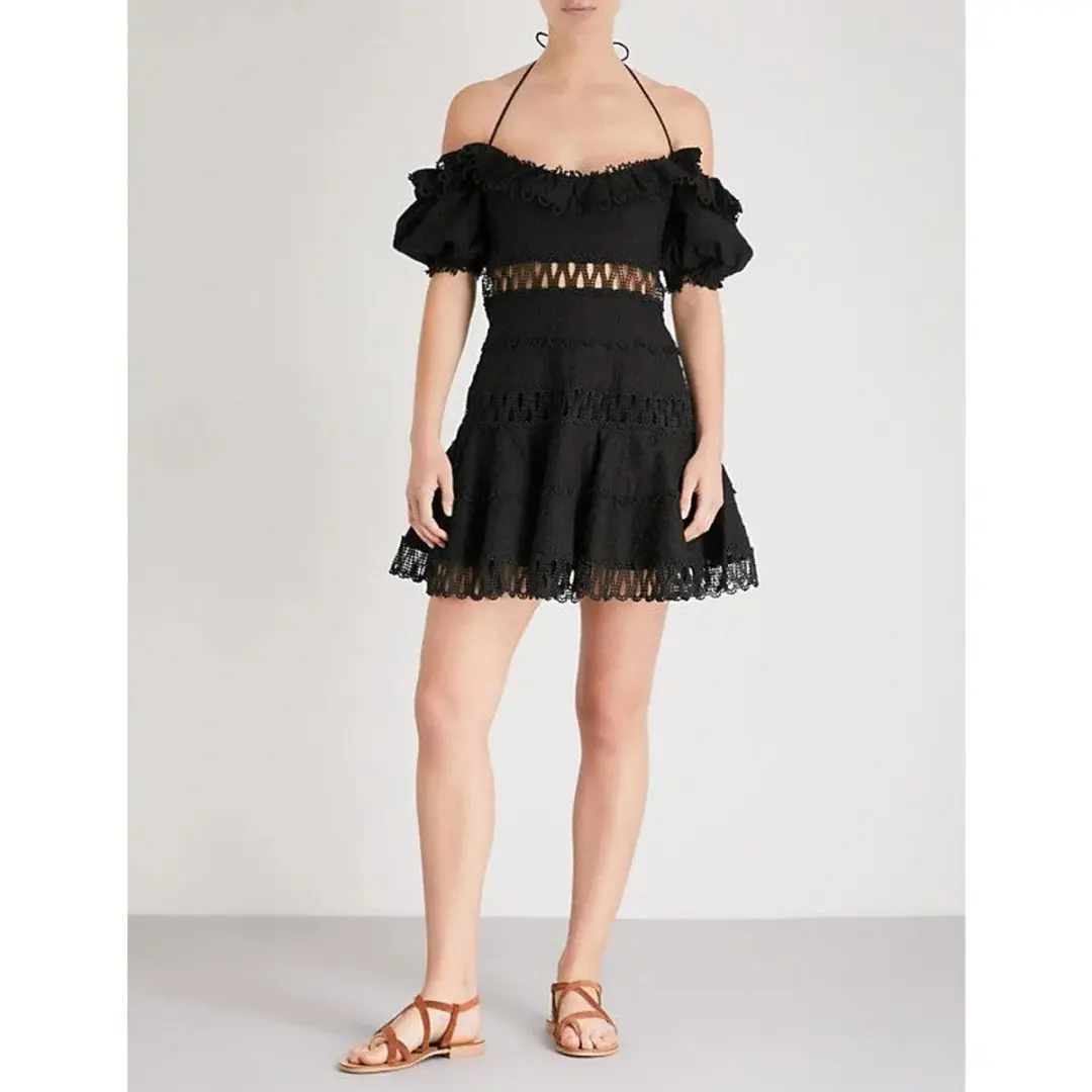 Zimmermann Melody Off Shoulder Linen And Cotton Blend Mini Dress Black Size 1 / AU 10 for rent on The Volte - main image