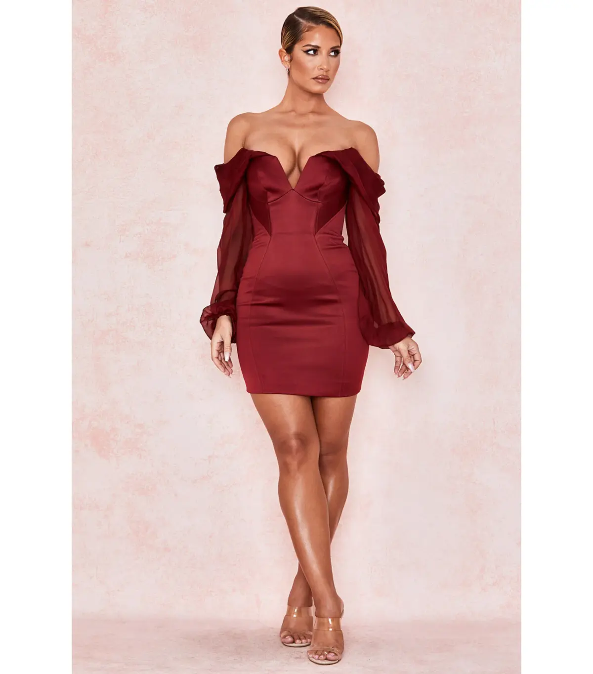 House Of CB Olivia Satin Off Shoulder Dress Wine Size M / AU 10 - Image 1