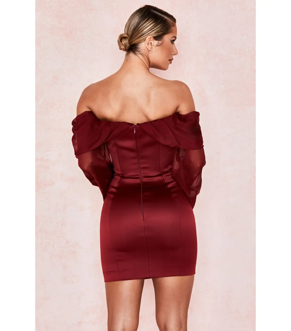 House Of CB Olivia Satin Off Shoulder Dress Wine Size M / AU 10 - Image 4