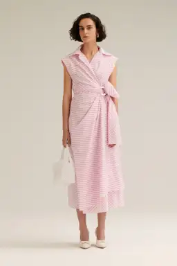 Scanlan Theodore Stripe Wrap Midi Dress Pink Size 8 for rent on The Volte - image 1