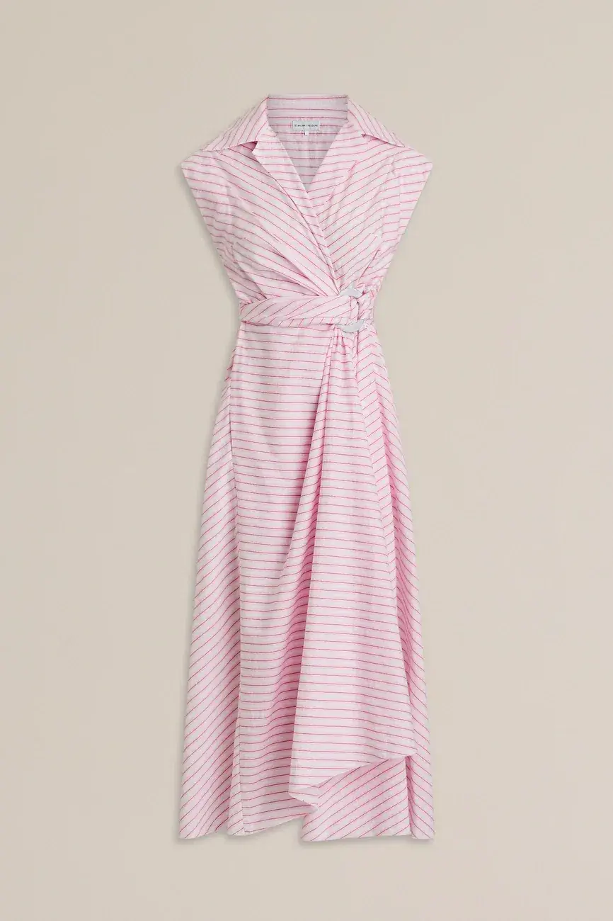 Scanlan Theodore Stripe Wrap Midi Dress Pink Size 8 for rent on The Volte - main image