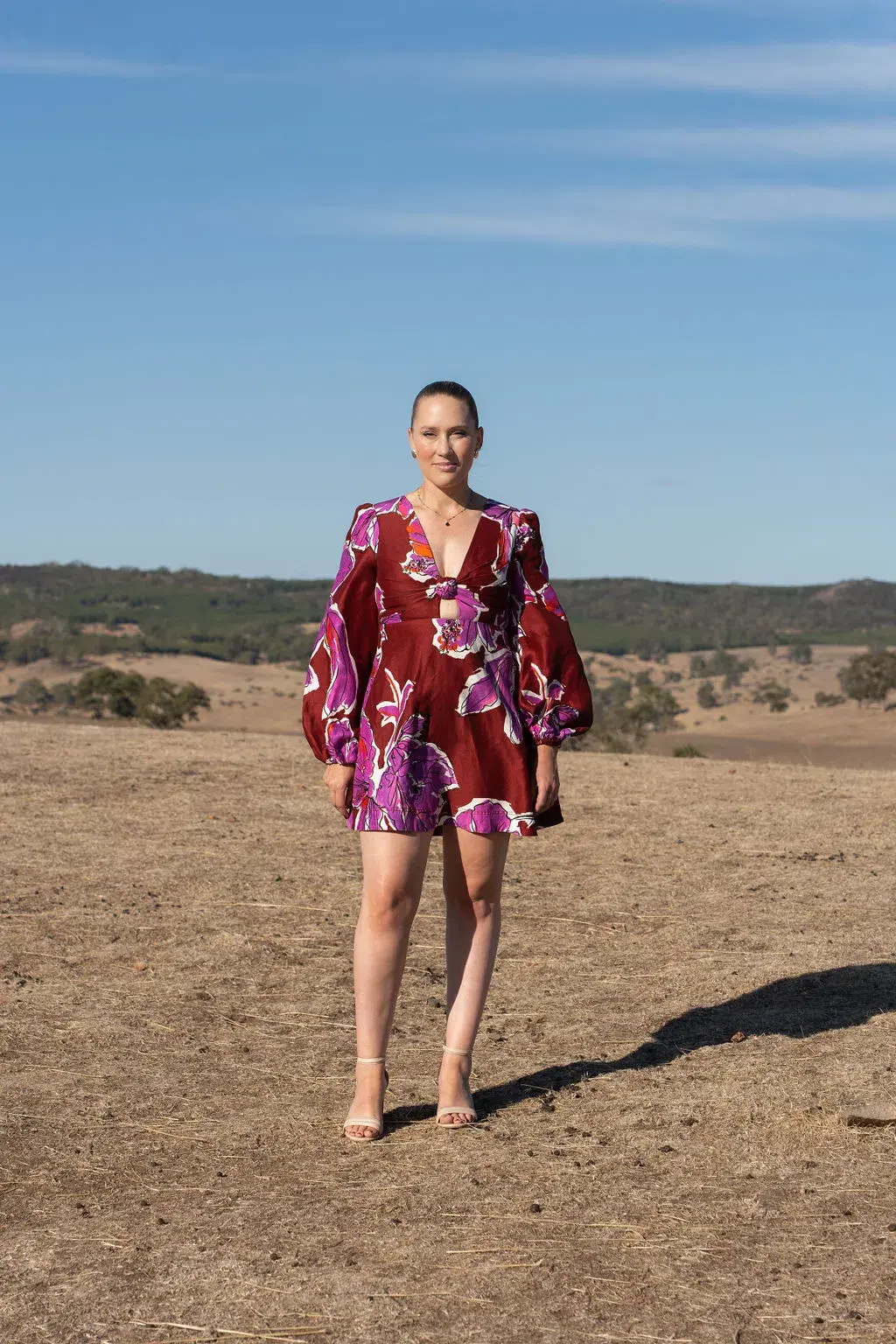 Aje Inflorescence Knot Front Mini Dress Bold Hibiscus Burgundy Size 8 for rent on The Volte - main image