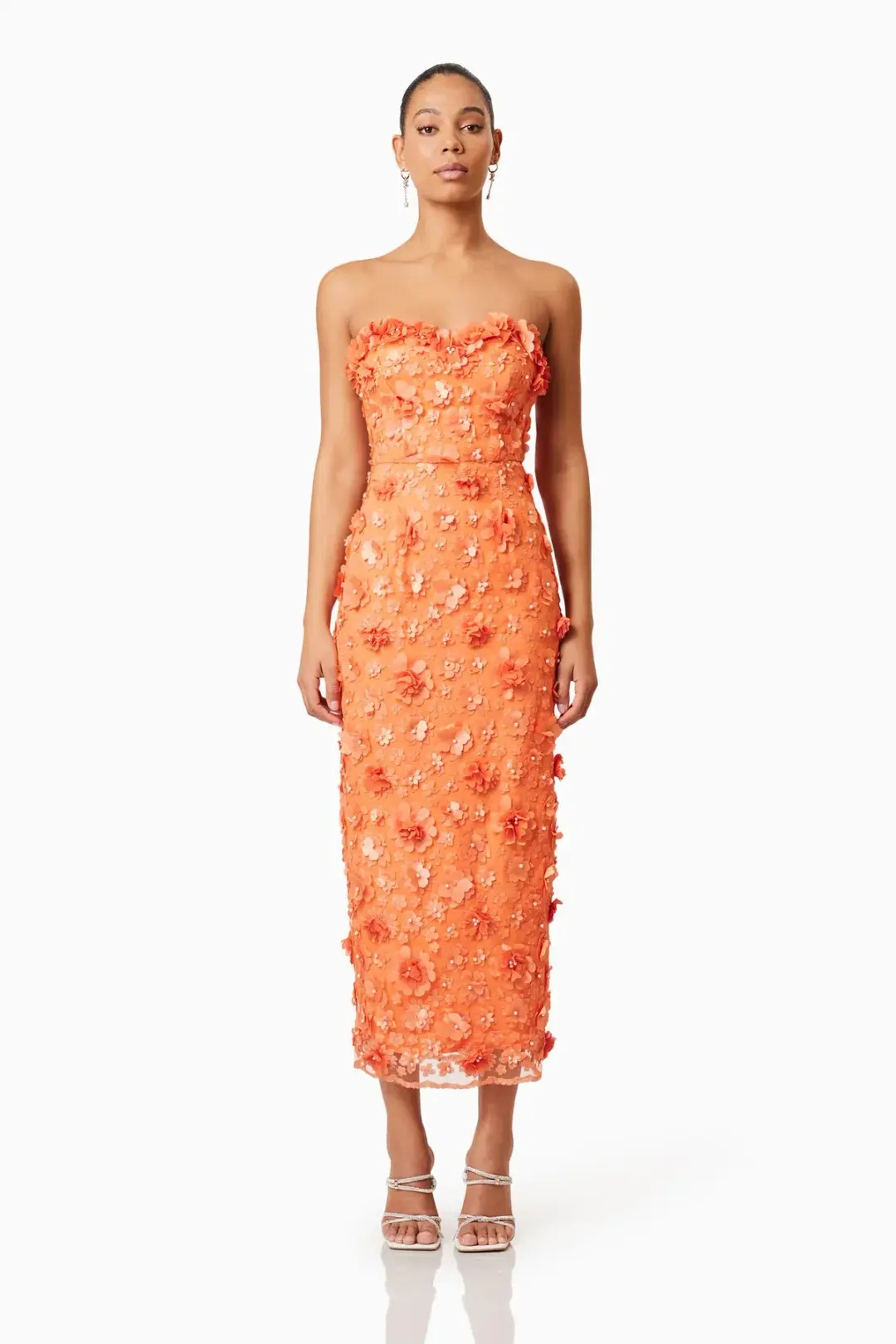 Elliatt Bluebell Strapless 3D Midi Dress Orange Size 6 for rent on The Volte - main image