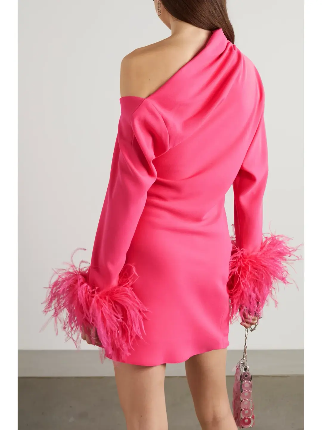 16Arlington Adelaide One Shoulder Feather Crepe Mini Dress Pink Size 8 for rent on The Volte - main image