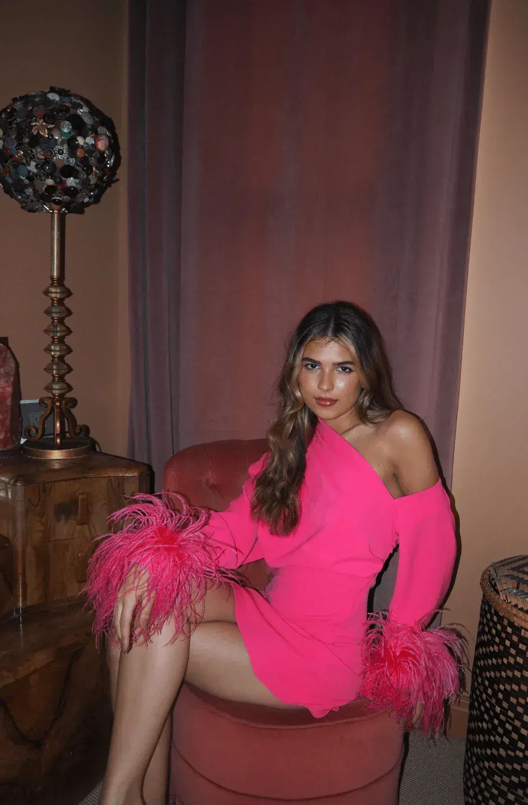 16Arlington Adelaide One Shoulder Feather Crepe Mini Dress Pink Size 8 for rent on The Volte - main image