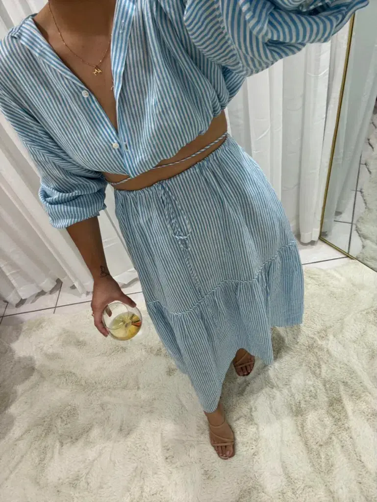 Scanlan Theodore Striped Cotton Voile Crop Shirt and Skirt Set Print Blue Size AU 6 for rent on The Volte - main image