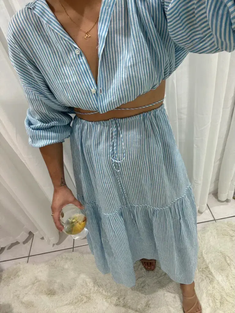 Scanlan Theodore Striped Cotton Voile Crop Shirt and Skirt Set Print Blue Size AU 6 for rent on The Volte - main image