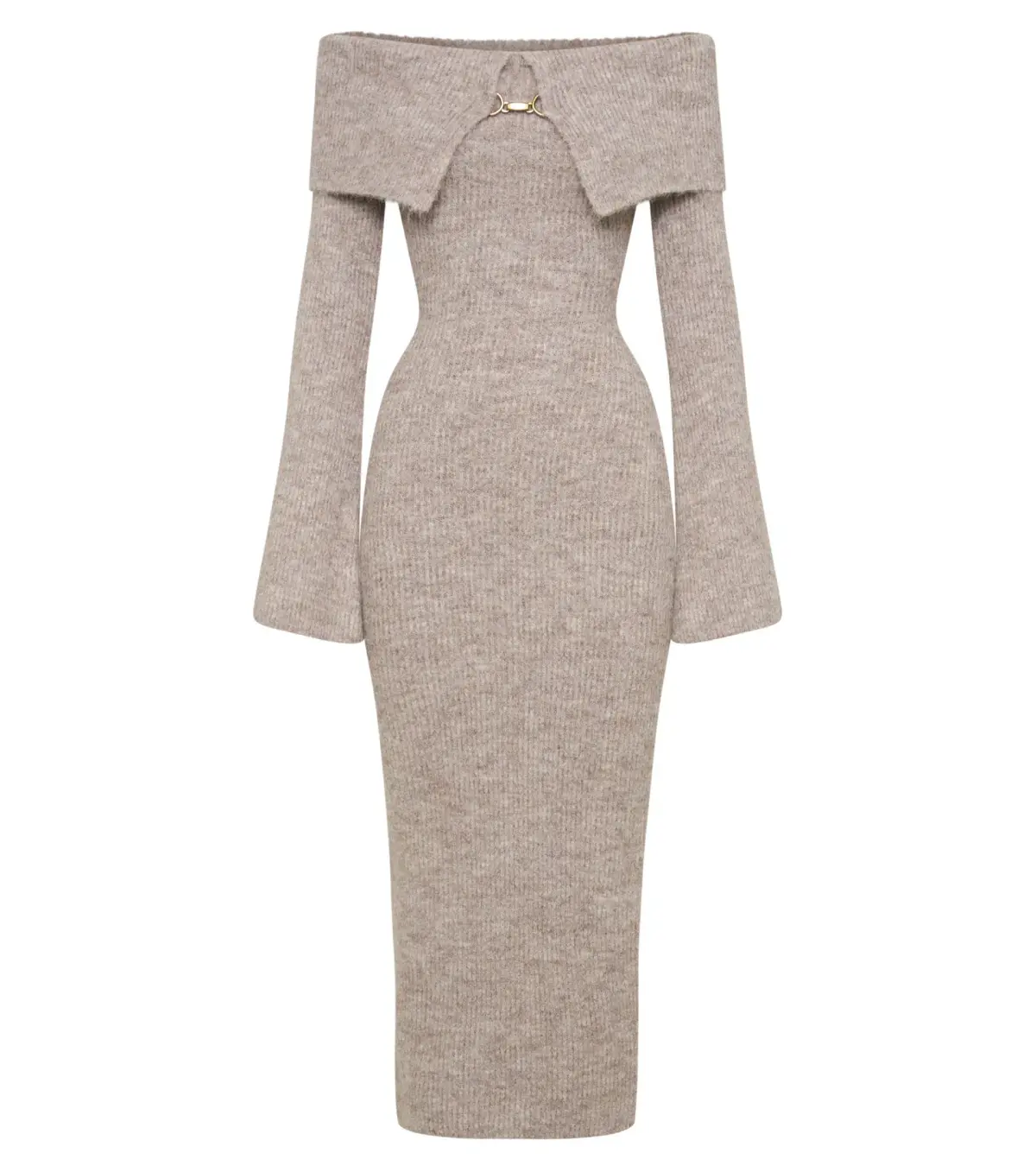 Meshki Baxter Off Shoulder Fluffy Knit Midi Dress Taupe Marle Size L / AU 12 - Image 4