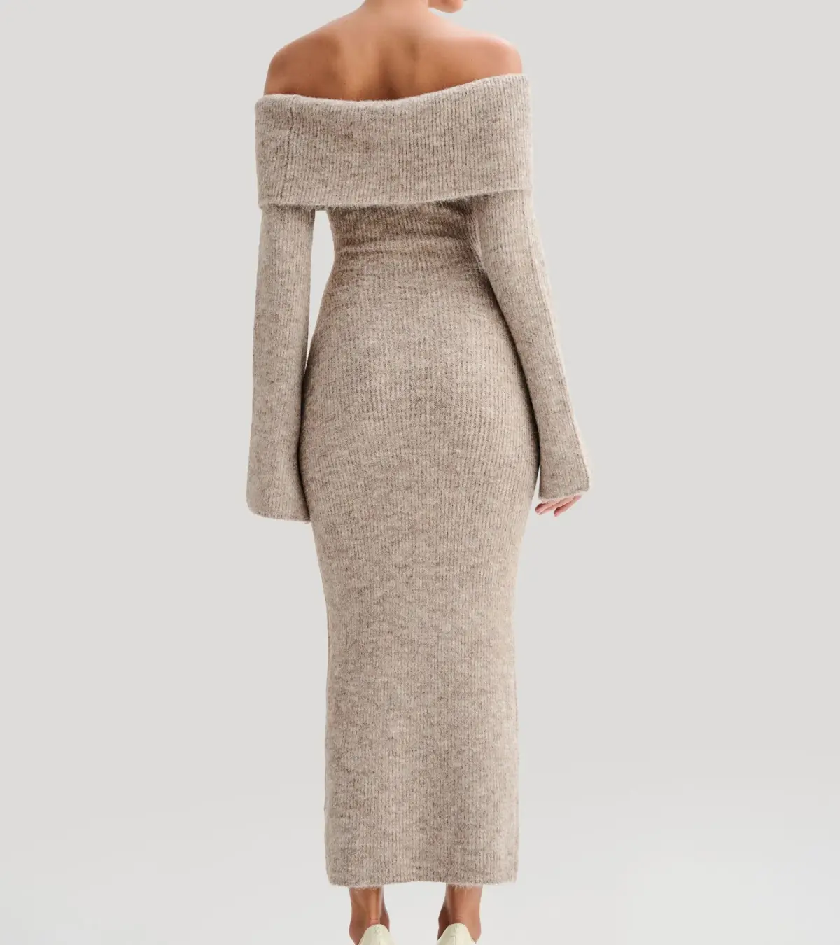 Meshki Baxter Off Shoulder Fluffy Knit Midi Dress Taupe Marle Size L / AU 12 - Image 3