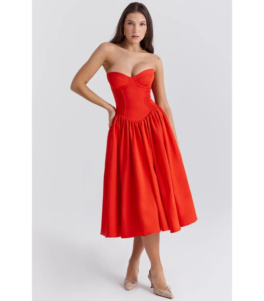 House Of CB Elizabeth Strapless Midi Sundress Italian Tomato Size XS / AU 6 for rent on The Volte - main image
