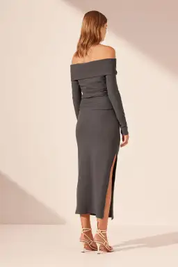 Shona Joy Beau Off Shoulder Twist Front Midi Dress in Dark Ash Size 8 for rent on The Volte - image 2