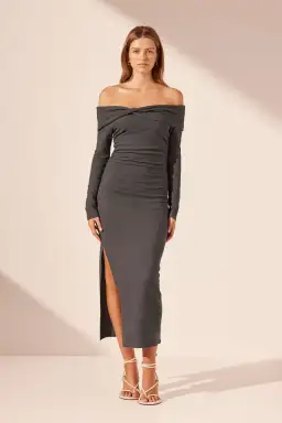 Shona Joy Beau Off Shoulder Twist Front Midi Dress in Dark Ash Size 8 for rent on The Volte - image 1