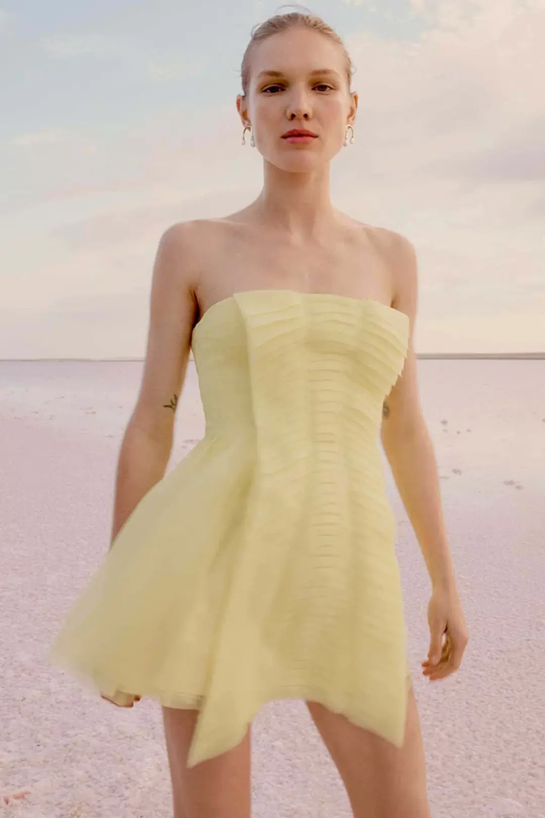 Aje Astrid Strapless Mini Dress Light Yellow Lemon Size 4 for rent on The Volte - main image