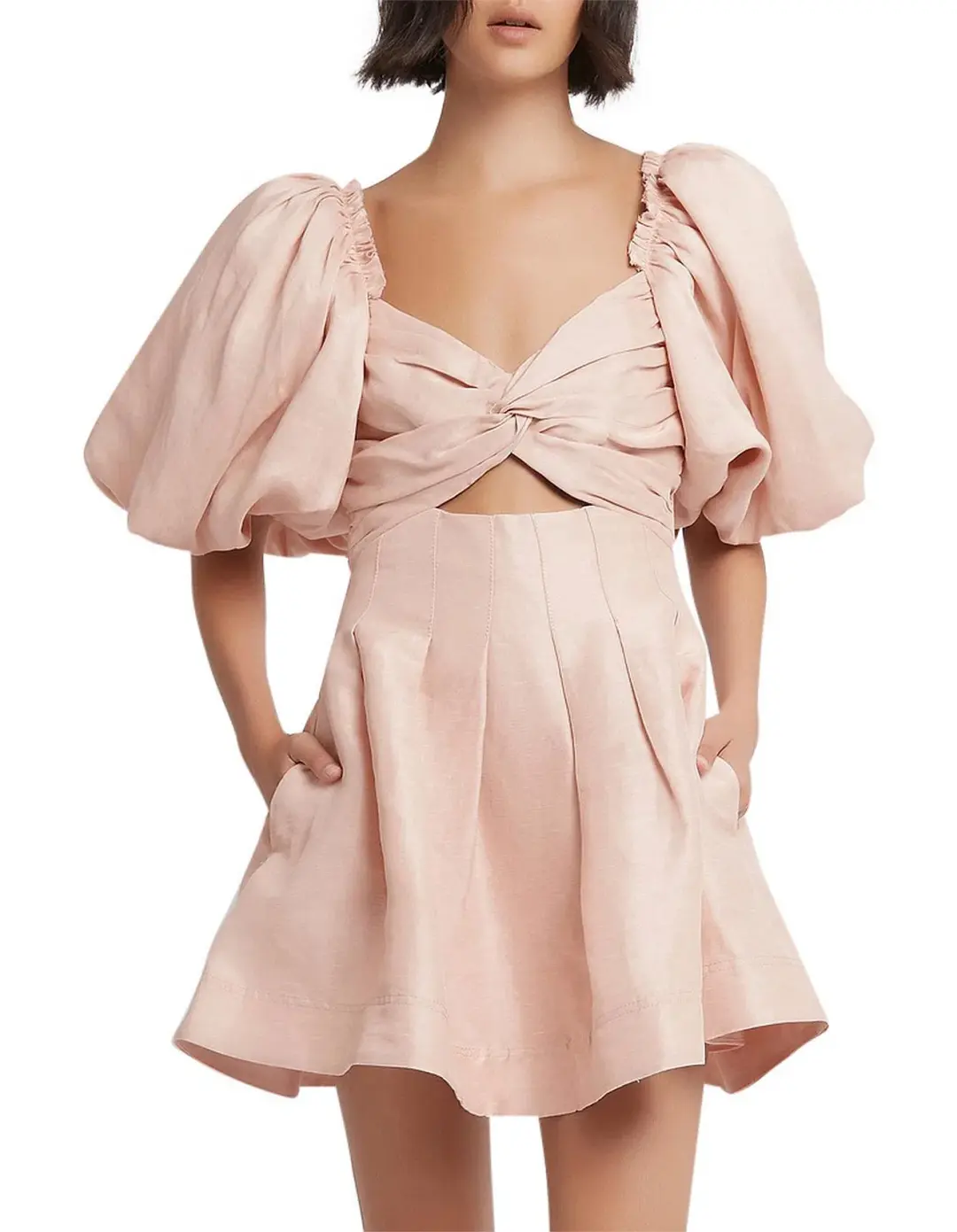 Aje Dusk Knot Puff Sleeve Mini Dress Blush Size 10 for rent on The Volte - main image