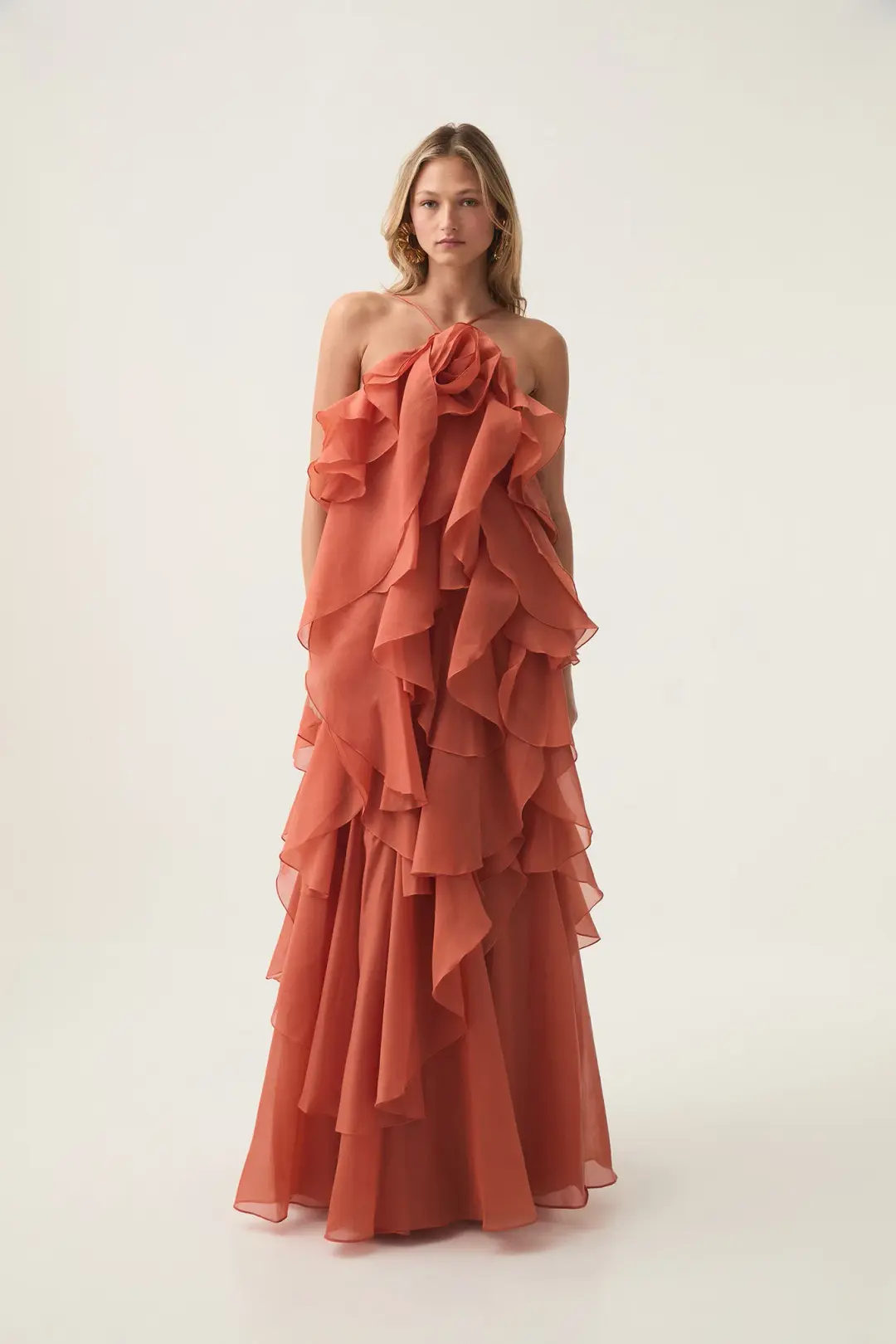 AJE Pandorea Layered Maxi Dress Coral Clay Size 10 for rent on The Volte - main image