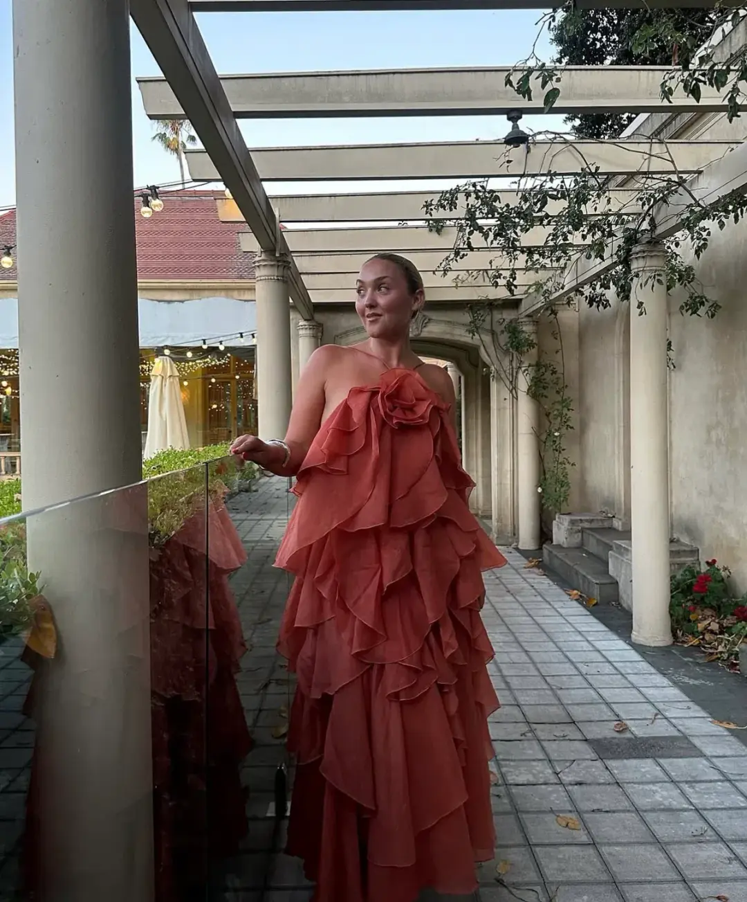 AJE Pandorea Layered Maxi Dress Coral Clay Size 10 for rent on The Volte - main image