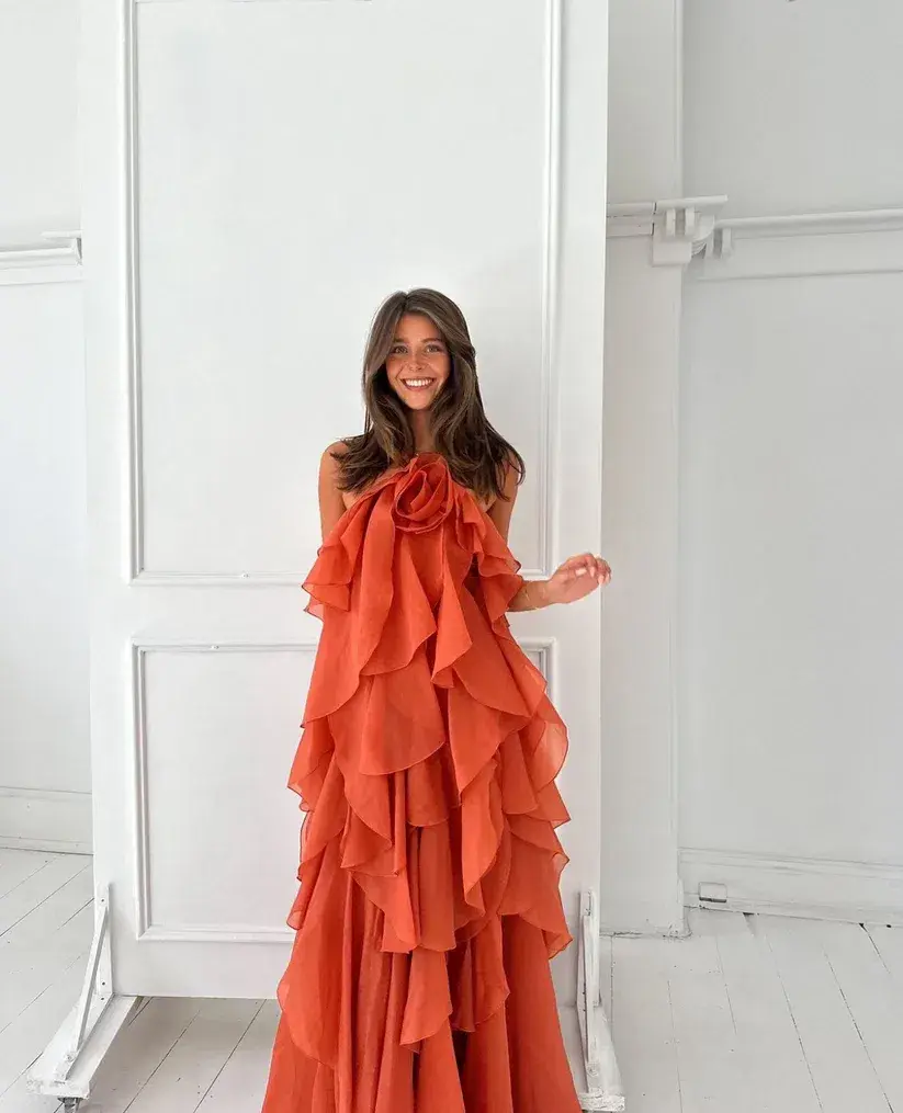 AJE Pandorea Layered Maxi Dress Coral Clay Size 10 for rent on The Volte - main image