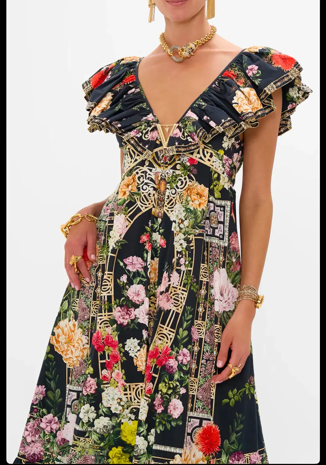 Camilla Frill Neck Dress Black/Floral Size 16 for rent on The Volte - main image