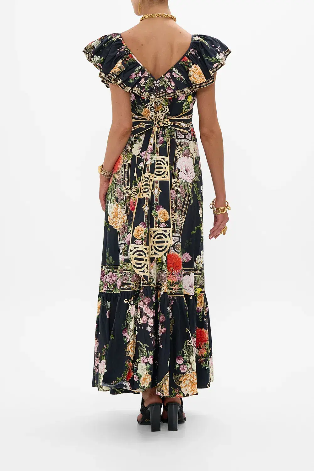 Camilla Frill Neck Dress Black/Floral Size 16 for rent on The Volte - main image