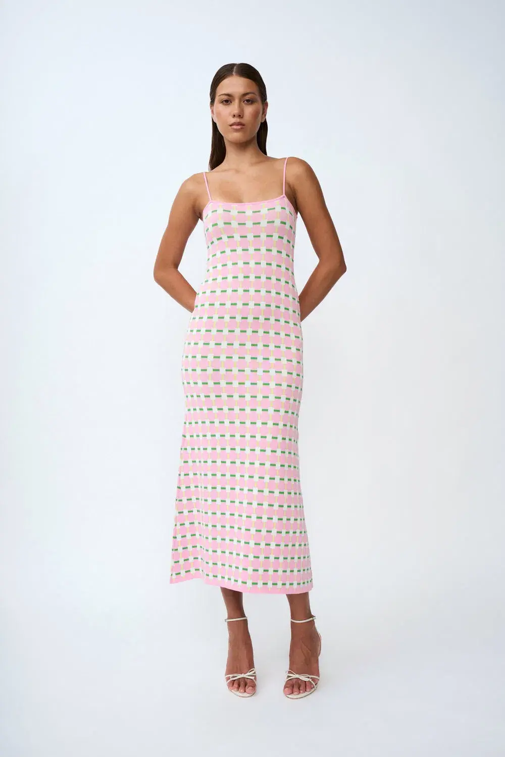 By Johnny Remy Checker Knit Midi Dress Pink Multi Size S / AU 8 for rent on The Volte - main image