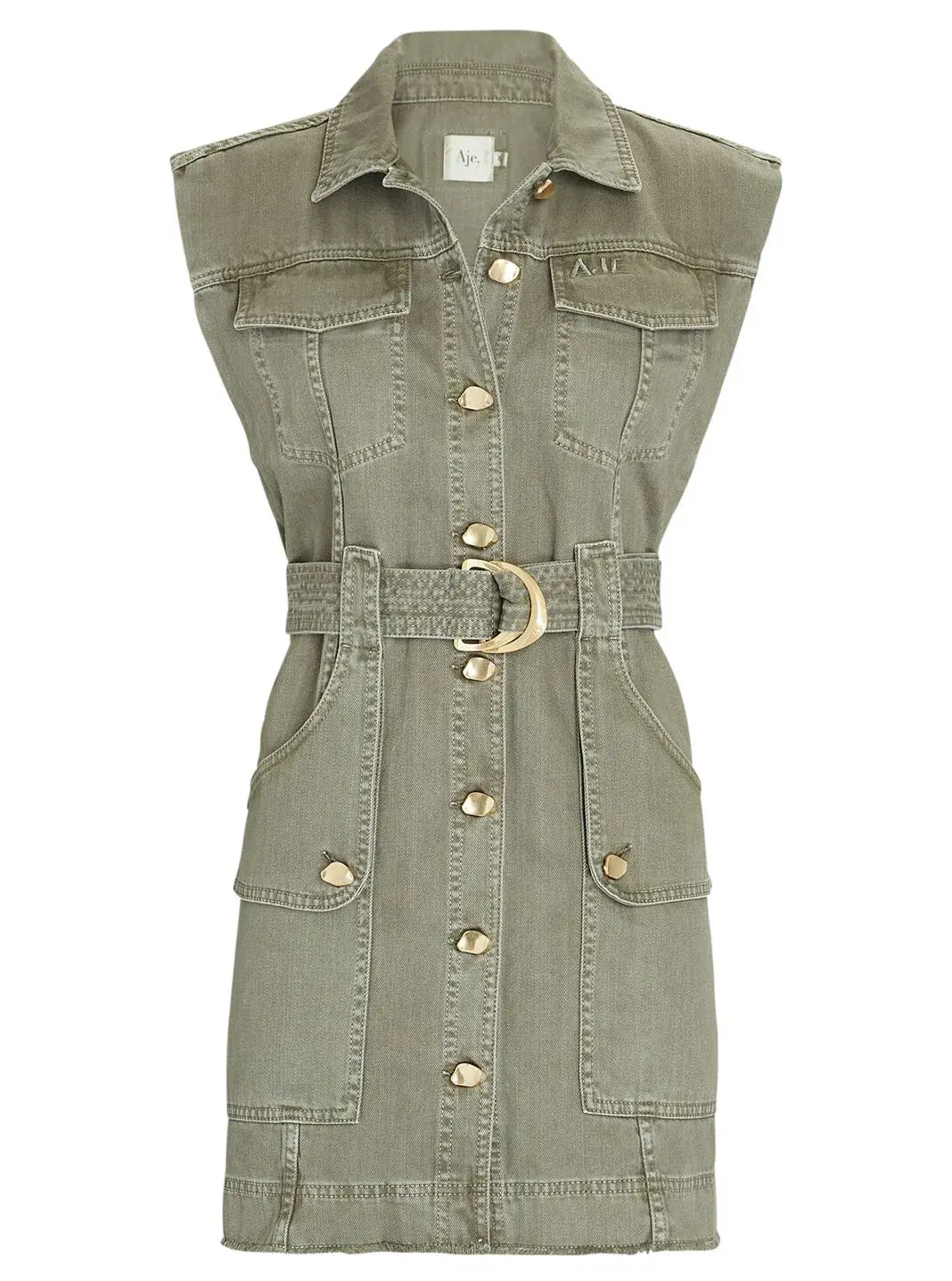 Aje Darcel Denim Belted Sleeveless Mini Dress Oak Moss Size 8 - Image 4