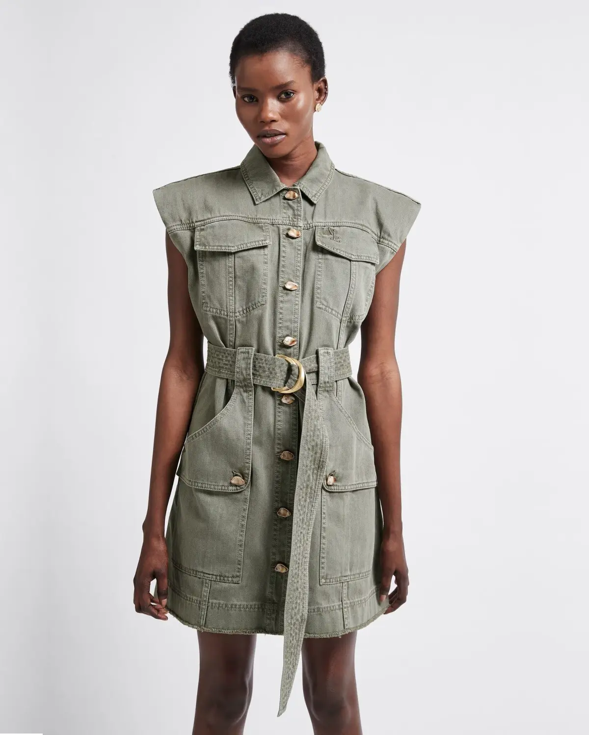 Aje Darcel Denim Belted Sleeveless Mini Dress Oak Moss Size 8 - Image 2