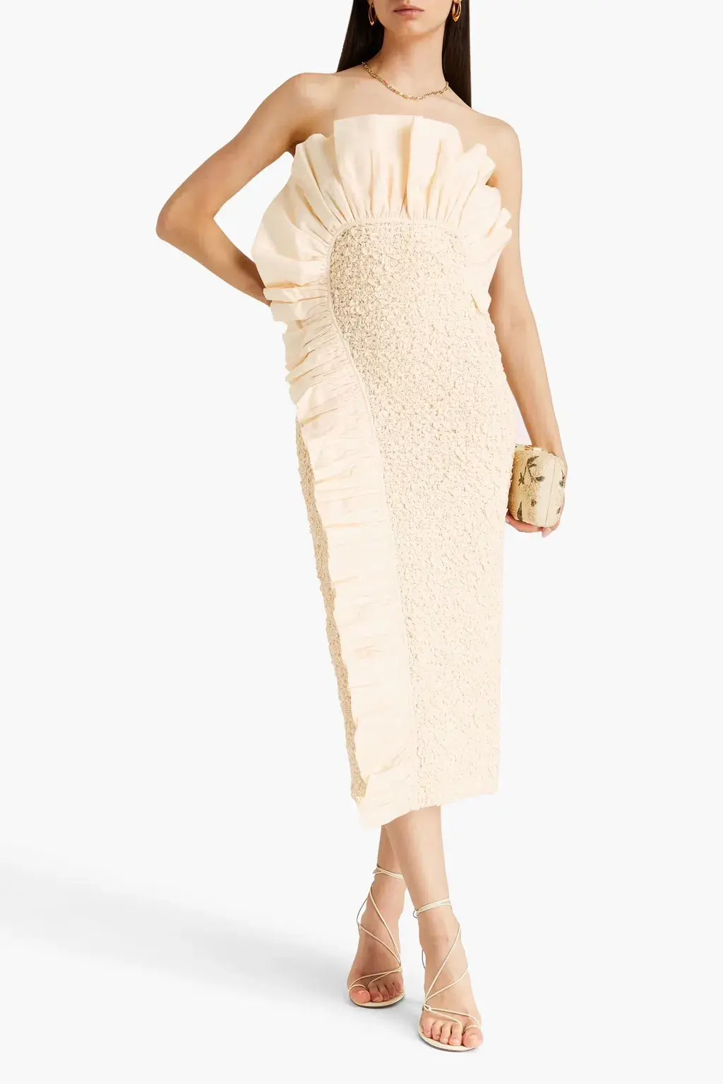 Mara Hoffman Kana Strapless Ruffled Cotton Twill and Popcorn Midi Dress Cream Size XS / AU 6 for rent on The Volte - main image