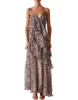 Shona Joy Garner Cross Back Tiered Maxi Dress Retro Ditsy Floral Print In Chocolate Size 6